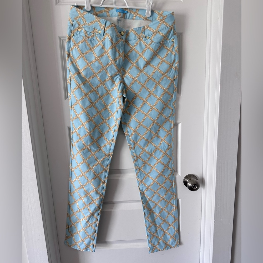 J McLaughlin eggshell blue with beige basket weave pattern pants.